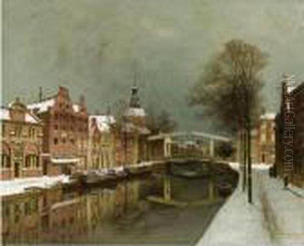 A Wintry Townview, Leiden Oil Painting by Johannes Christiaan Karel Klinkenberg