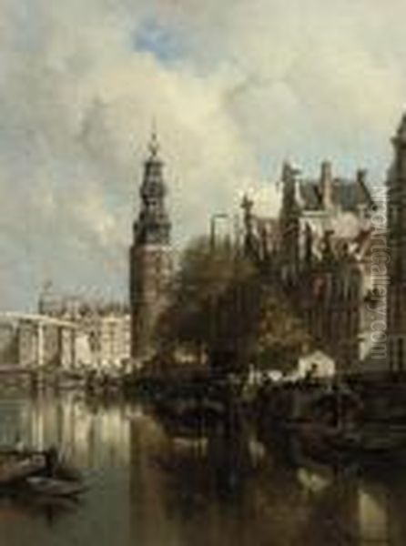 A View Of The Montelbaanstoren On A Sunlit Day, Amsterdam Oil Painting by Johannes Christiaan Karel Klinkenberg