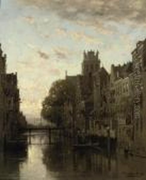 A View Of The Voorstraathaven With The Grote Kerk Beyond,dordrecht Oil Painting by Johannes Christiaan Karel Klinkenberg