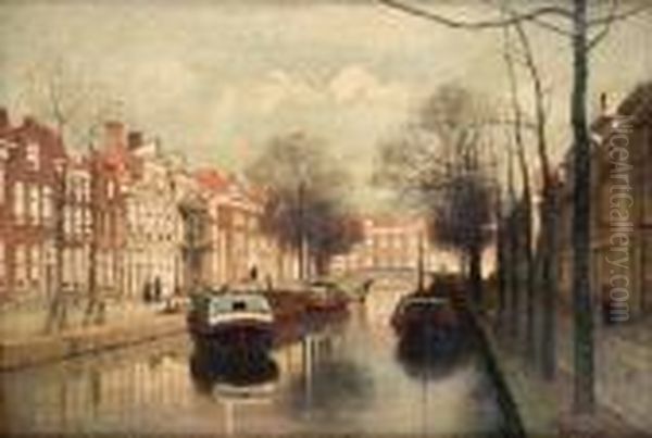 A Quiet Canal, Amsterdam Oil Painting by Johannes Christiaan Karel Klinkenberg