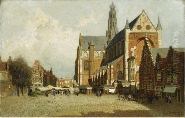 A Market By The St Bavo Church, Haarlem Oil Painting by Johannes Christiaan Karel Klinkenberg