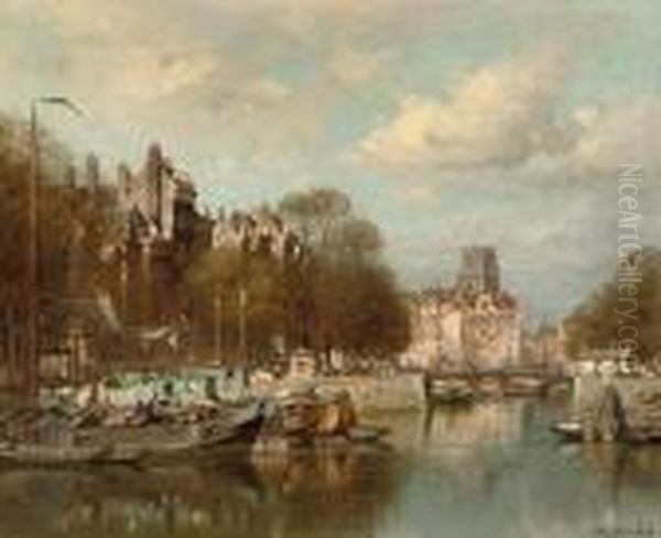 De Leuvenhaven With The Laurenskerk Beyond, Rotterdam Oil Painting by Johannes Christiaan Karel Klinkenberg