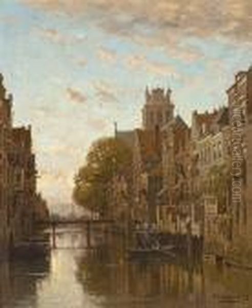 A Canal In Amsterdam Oil Painting by Johannes Christiaan Karel Klinkenberg