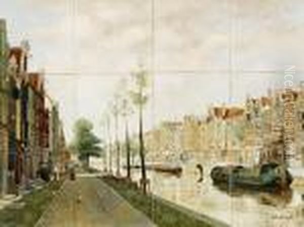 Decor Of A Dutch City View With Canal And Boats. Oil Painting by Johannes Christiaan Karel Klinkenberg