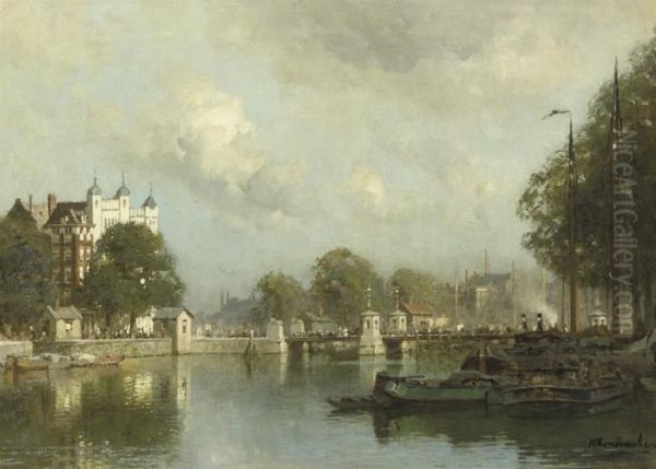 A View Of The Vierleeuwenbrug In Summer, Rotterdam Oil Painting by Johannes Christiaan Karel Klinkenberg