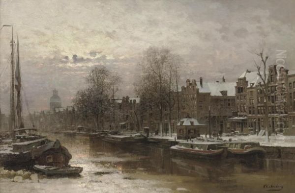 Sunset Over The Singel Canal In Winter, Amsterdam Oil Painting by Johannes Christiaan Karel Klinkenberg