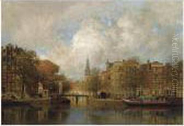 A View Of The Groenburgwal With The Zuiderkerk, Seen From The Riveramstel, Amsterdam Oil Painting by Johannes Christiaan Karel Klinkenberg