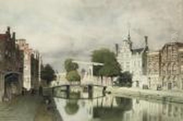 A View On De Oude Delft, Delft Oil Painting by Johannes Christiaan Karel Klinkenberg