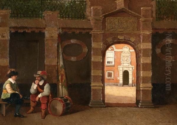 Twee Mannen Bij Het Hofje Van Dam Aan Dejuffrouw Idastraat Te 's-gravenhage Oil Painting by Johannes Christiaan Karel Klinkenberg