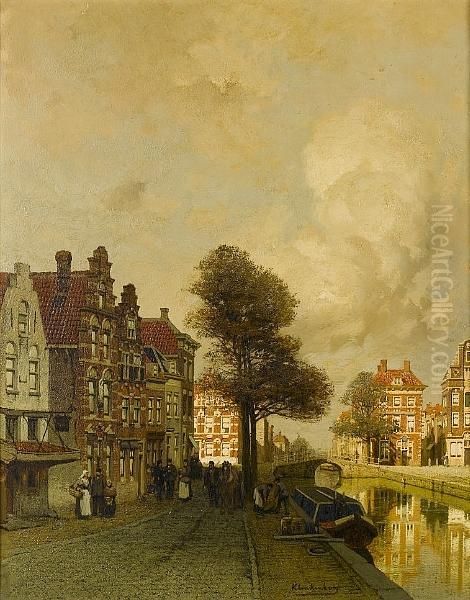 Figures By A Canal In A Dutch Town Oil Painting by Johannes Christiaan Karel Klinkenberg