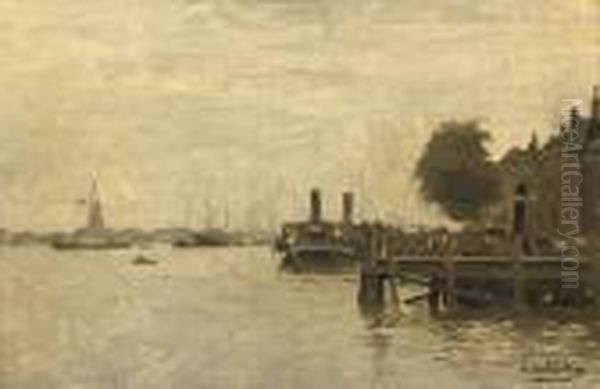 A Jetty In The River Maas, Dordrecht Oil Painting by Johannes Christiaan Karel Klinkenberg