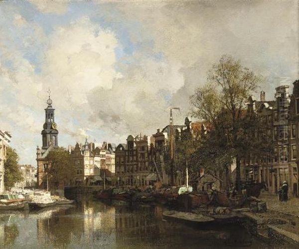 The Flowermarket With The Munttoren Beyond, Amsterdam Oil Painting by Johannes Christiaan Karel Klinkenberg