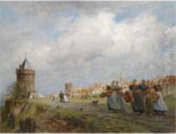 Arnemuiden Fisherwomen Returning From The Market In Vlissingen Oil Painting by Johannes Christiaan Karel Klinkenberg