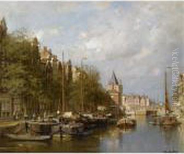 A View Of The Gelderse Kade With The Schreierstoren, Amsterdam Oil Painting by Johannes Christiaan Karel Klinkenberg