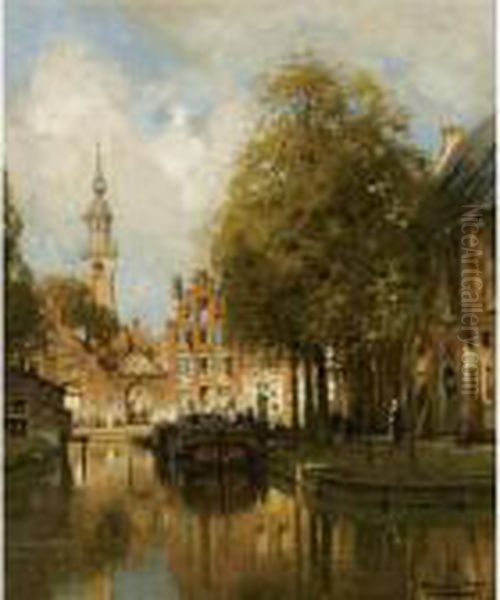 A Canal In Veere Oil Painting by Johannes Christiaan Karel Klinkenberg