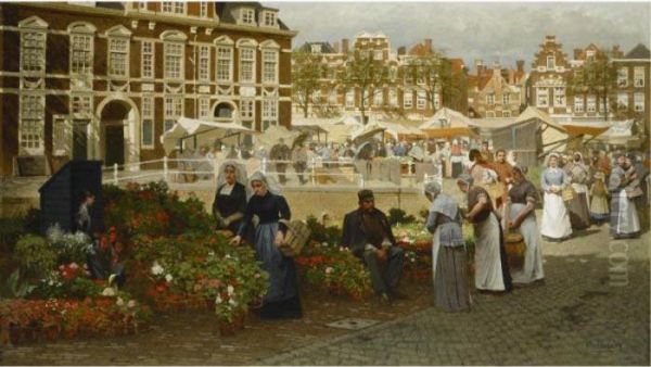 A View Of The Grote Markt In The
 Hague, Towards The Boterwaag And The Prinsengracht, With Scheveningen 
Women Buying Flowers Oil Painting by Johannes Christiaan Karel Klinkenberg