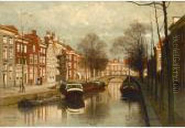 Figures By A Canal In A Dutch Town Oil Painting by Johannes Christiaan Karel Klinkenberg