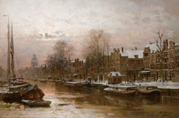 Snow Covered Barges On The Singel, Amsterdam Oil Painting by Johannes Christiaan Karel Klinkenberg