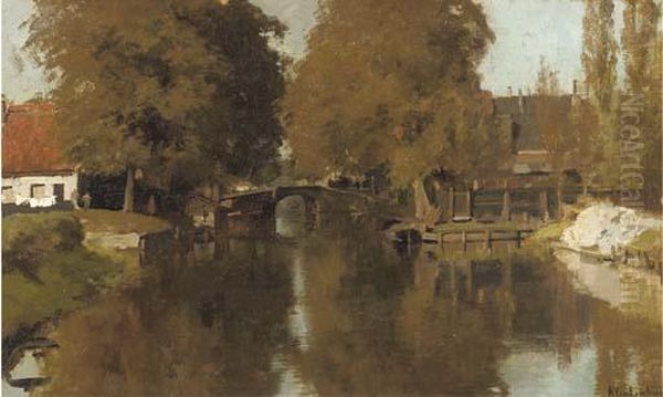 Farmhouses Along The Water Oil Painting by Johannes Christiaan Karel Klinkenberg