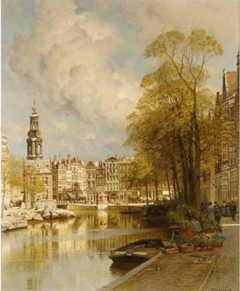 A View From The Singel On The Munttoren, Amsterdam Oil Painting by Johannes Christiaan Karel Klinkenberg