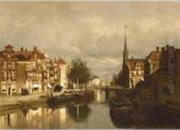 A Canal In Dordrecht Oil Painting by Johannes Christiaan Karel Klinkenberg