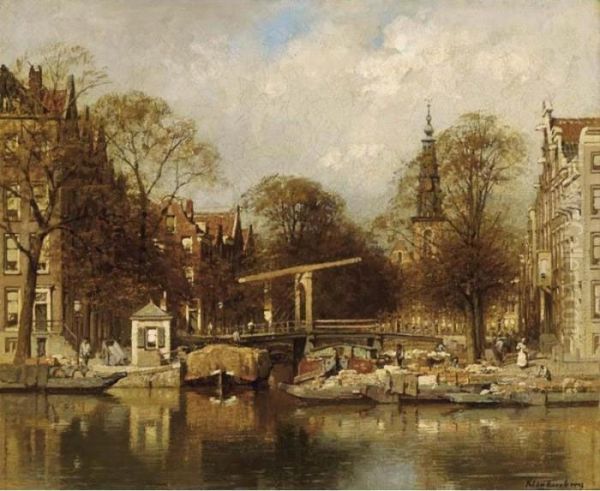 A View Of The Groenburgwal With The Zuiderkerk, Amsterdam Oil Painting by Johannes Christiaan Karel Klinkenberg