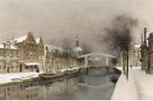 A Wintry View Of Leiden Oil Painting by Johannes Christiaan Karel Klinkenberg