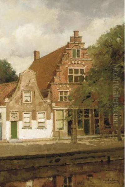 Houses Along A Canal Oil Painting by Johannes Christiaan Karel Klinkenberg