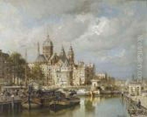 A Bustling Prins Hendrikkade 
With The St. Nicolaas Church And Theschreierstoren, Amsterdam Oil Painting by Johannes Christiaan Karel Klinkenberg