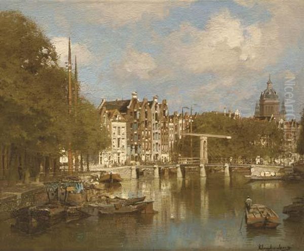 The Waals Eilandsgracht With The St. Nicolaas Church Beyond,amsterdam Oil Painting by Johannes Christiaan Karel Klinkenberg