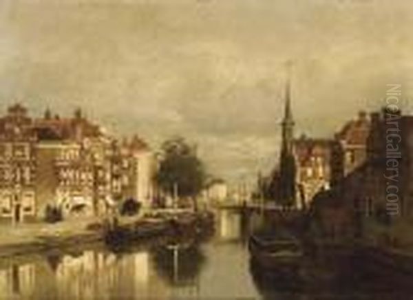 Canal In Dordrecht Oil Painting by Johannes Christiaan Karel Klinkenberg