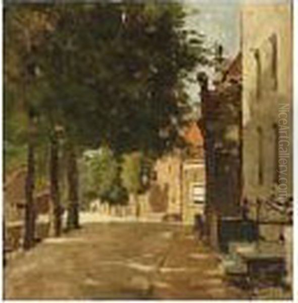 A Sunlit Street In A Dutch Town Oil Painting by Johannes Christiaan Karel Klinkenberg