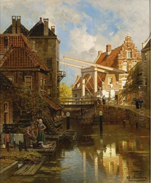 A View Of A Dutch Town With Figures Near A Draw Bridge Oil Painting by Johannes Christiaan Karel Klinkenberg