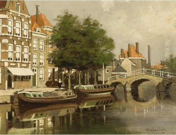 Moored Barges In A Dutch Town Oil Painting by Johannes Christiaan Karel Klinkenberg