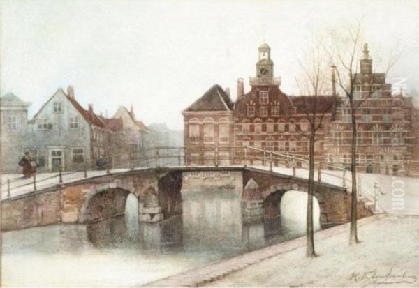 Dutch Canal Scene Oil Painting by Johannes Christiaan Karel Klinkenberg