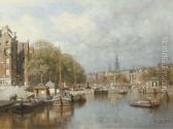 View Of The Magere Brug Over The River Amstel, Amsterdam Oil Painting by Johannes Christiaan Karel Klinkenberg