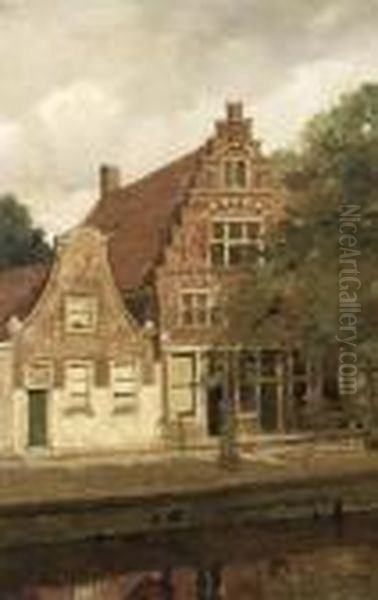 Houses Along A Canal - A Study Oil Painting by Johannes Christiaan Karel Klinkenberg