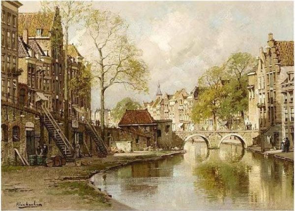 A View Of The Oude Gracht, Utrecht Oil Painting by Johannes Christiaan Karel Klinkenberg