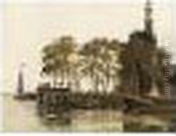 Moored Boats Near The Hoofdtoren, Hoorn Oil Painting by Johannes Christiaan Karel Klinkenberg