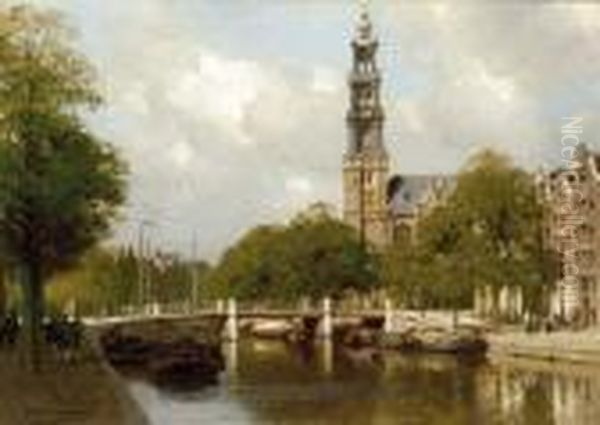 The Westertoren On The Prinsengracht, Amsterdam Oil Painting by Johannes Christiaan Karel Klinkenberg