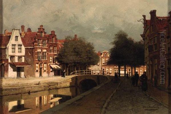 A Canal In A Town Oil Painting by Johannes Christiaan Karel Klinkenberg