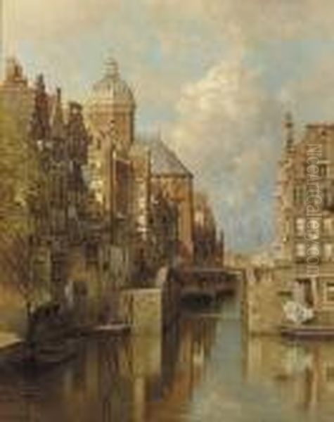 The Oudezijdsvoorburgwal, Amsterdam Oil Painting by Johannes Christiaan Karel Klinkenberg