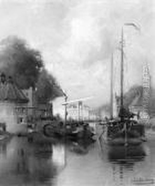 A View Of A Town With Barges On A Canal Oil Painting by Johannes Christiaan Karel Klinkenberg