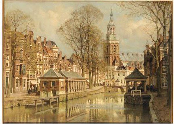 The Korenbank And The Visbank Along The Lage Gouwe, Gouda, With Thest. Janskerk Beyond Oil Painting by Johannes Christiaan Karel Klinkenberg