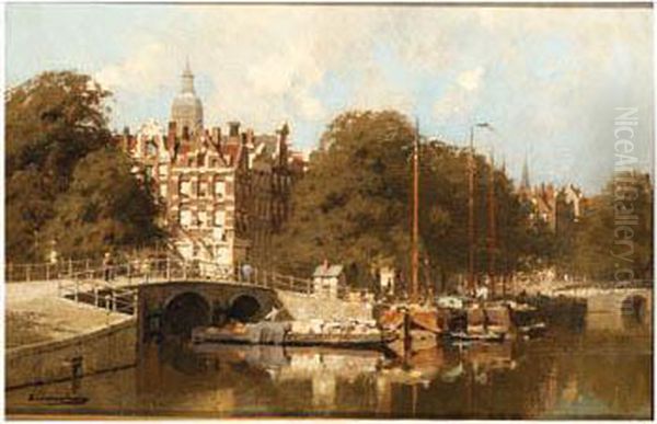 A Canal Junction In Amsterdam Oil Painting by Johannes Christiaan Karel Klinkenberg