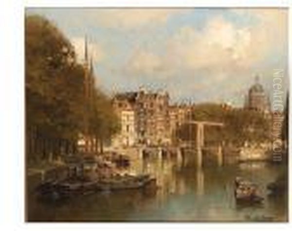 A Sunlit Canal In Amsterdam With The St. Nicolaas Kerk In Thedistance Oil Painting by Johannes Christiaan Karel Klinkenberg