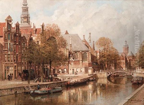 The Oude Zijds Achterburgwal, The Oude Kerk And St. Nicolaaskerk,amsterdam Oil Painting by Johannes Christiaan Karel Klinkenberg