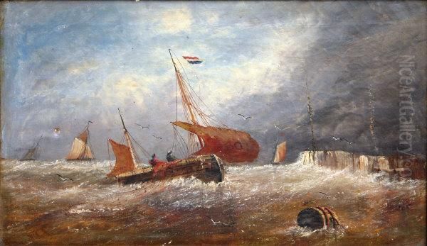 Dutch Fishing Boats In Choppy Seas Off Coast Oil Painting by William Calcott Knell