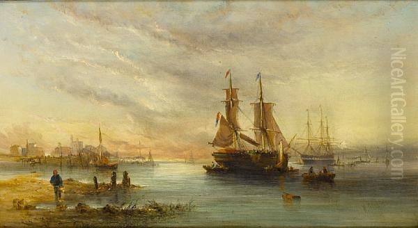 A Sunlit Estuary Oil Painting by William Calcott Knell