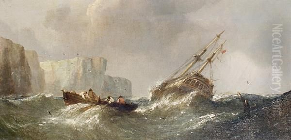 Sailing In Rough Seas Oil Painting by William Calcott Knell